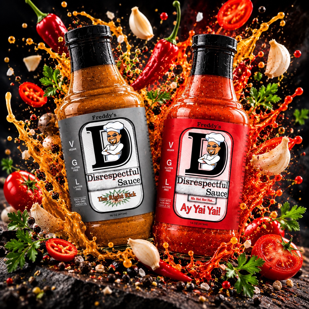 Freddy's Disrespectful Sauce bottles with peppers, garlic and herbs